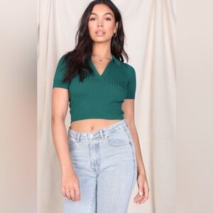 Fashion Nova Vintage Regina Ribbed Knit Collared Short Sleeve Top - Hunter